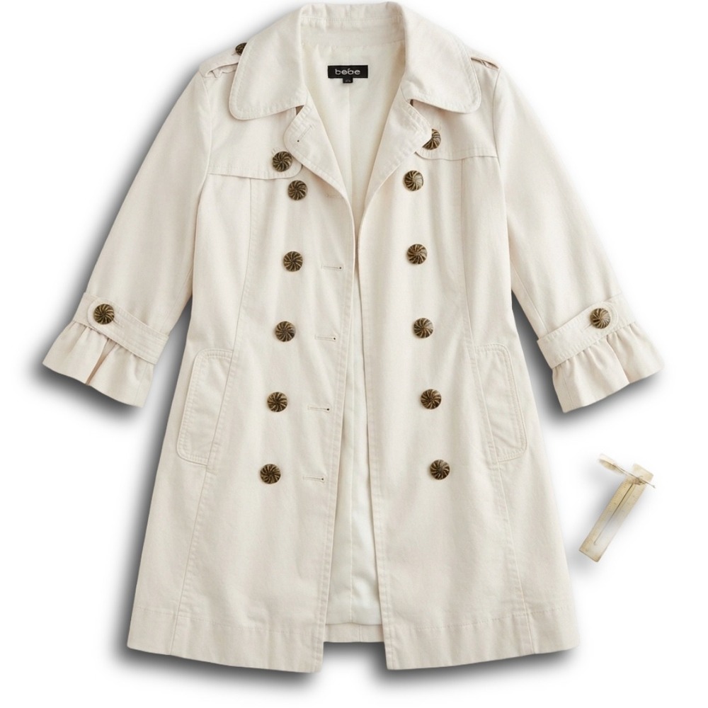 Bebe Womens Cream Double Breasted Trench Coat 3/4 Ruffle Sleeve Size M